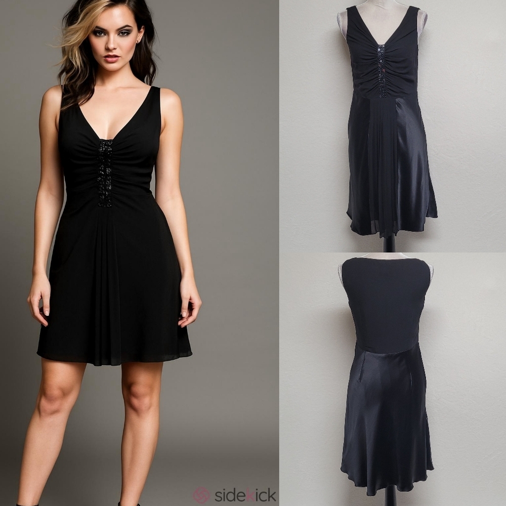 Whimsigoth Vintage Adrianna Papell Black Silk Chiffon Satin Pleated Mini Dress